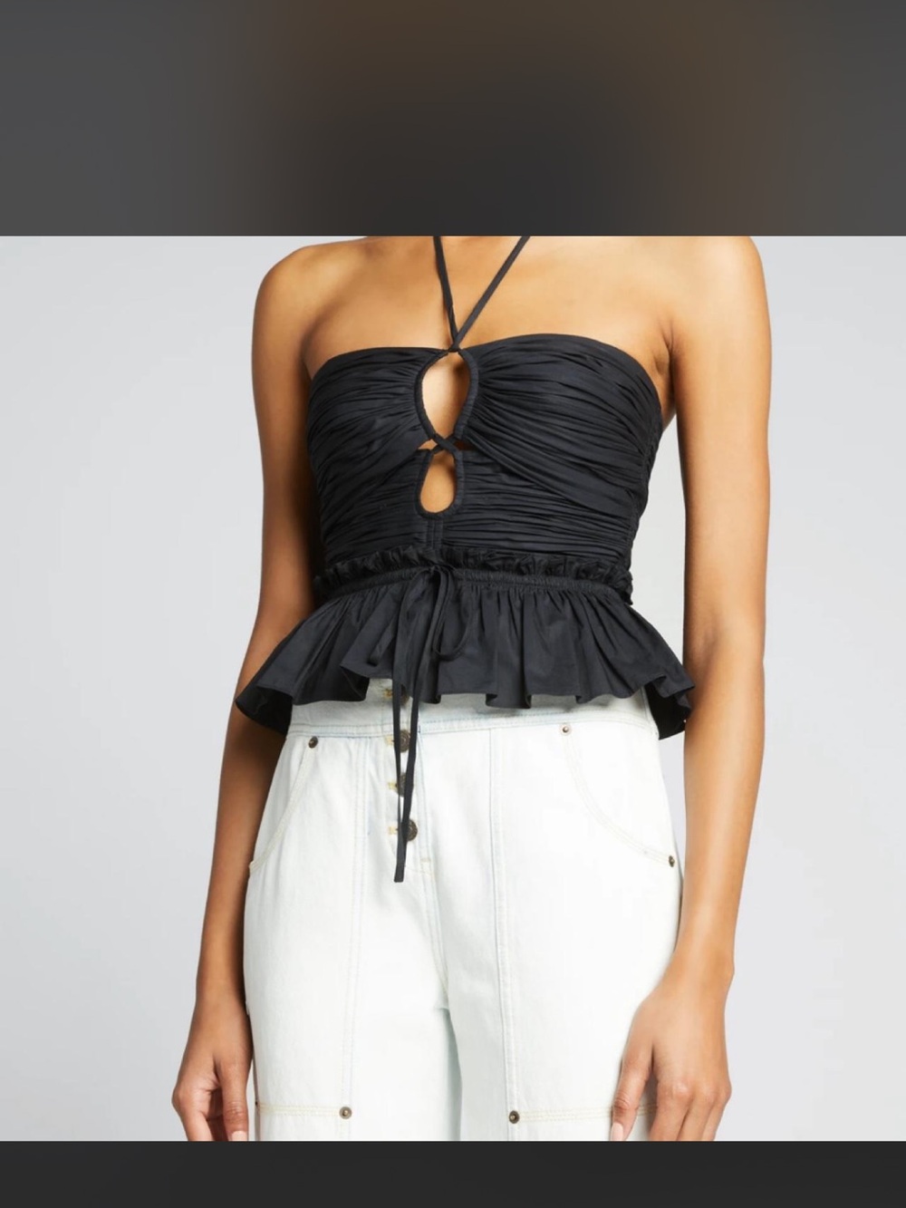 Ulla Johnson Black Strapless Ruched Keyhole Peplum Camisole
